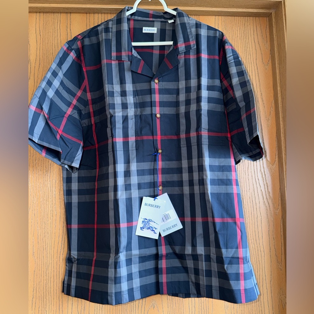 Burberry Navy, Gray & Red Plaid Short-Sleeve Button-Down Shirt XXL